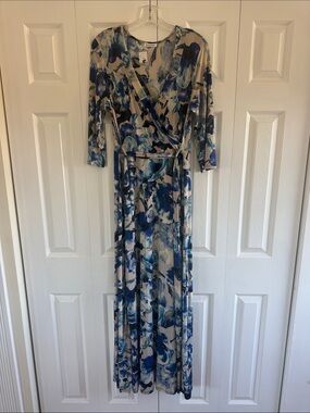 Blue Floral Wrap Maxi Dress with Tie Waist